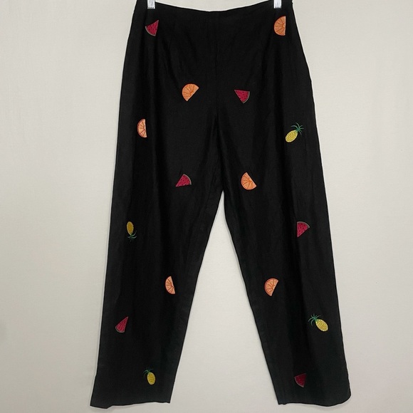 Vintage Pants - Vintage 90s Embroidered Fruit Linen Cotton Blend Wide Leg Cropped Pants Y2K